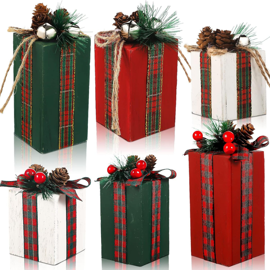 6 Pcs Christmas Wooden Gift Box Decor Table Centerpiece, Box Style