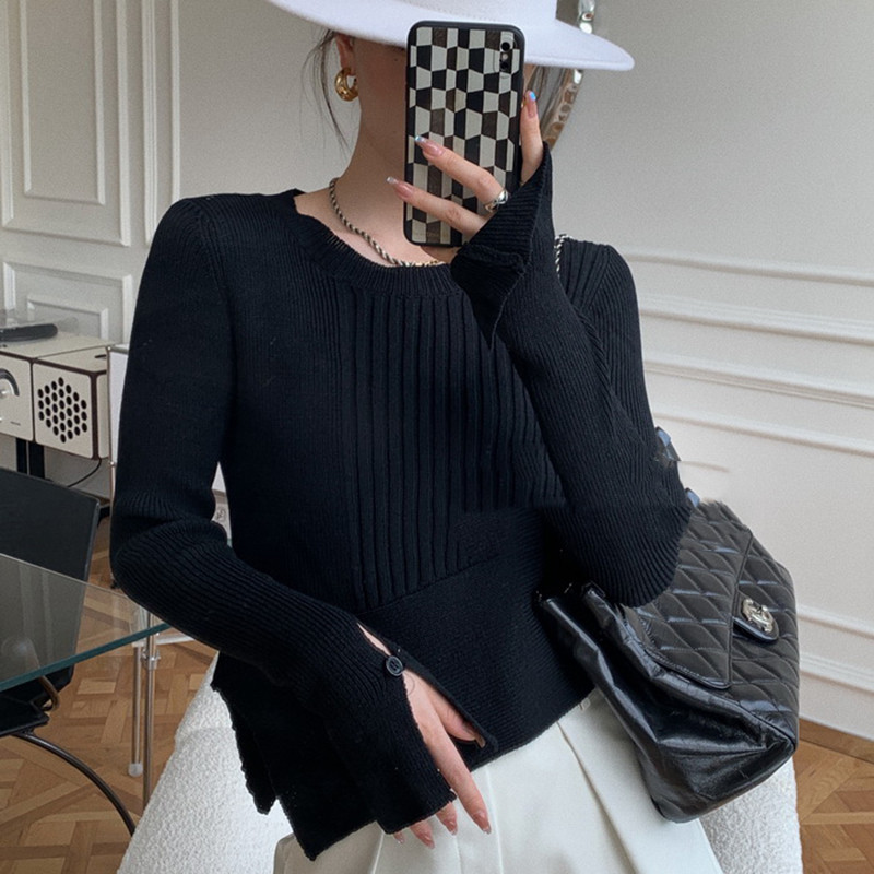 Women's Long-sleeved Sweater Short Diagonal Slit