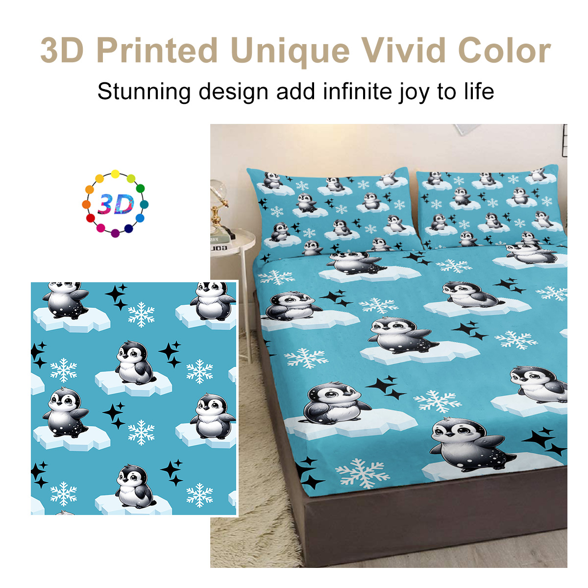 Penguin Bedding Set For Kids Boys Girls Antarctic Animal Sheet Set Cartoon Style Penguin Illustration Fitted Sheet, Blue White And Black Bed Sheets, No Top Sheet