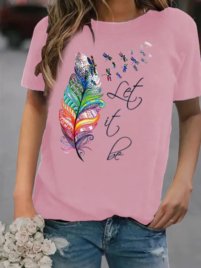 Loose Printed Round Neck Short Sleeve Women's T Shirt Pink - Shop at LoveMi