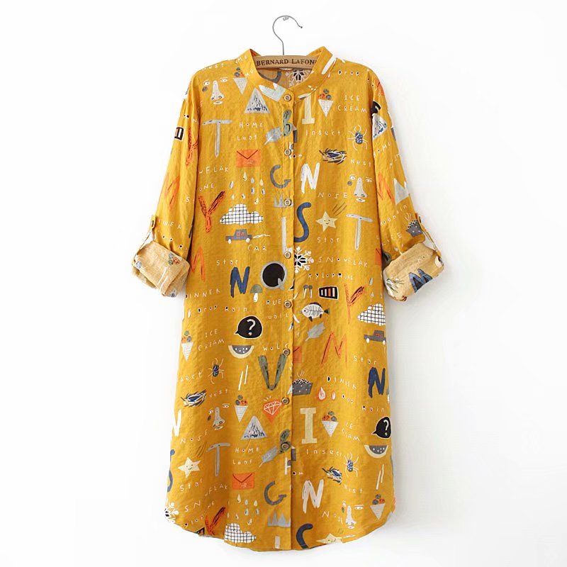 Autumn Women's Loose Large Size Reduction Age Cartoon Print Mid-length Long-sleeved Shirt