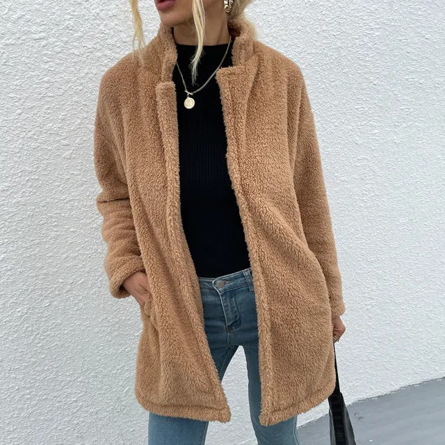 Solid Color Lapel Double sided Velvet Large Slot Pocket Mid length Coat Wool Sweater Camel - Shop at LoveMi