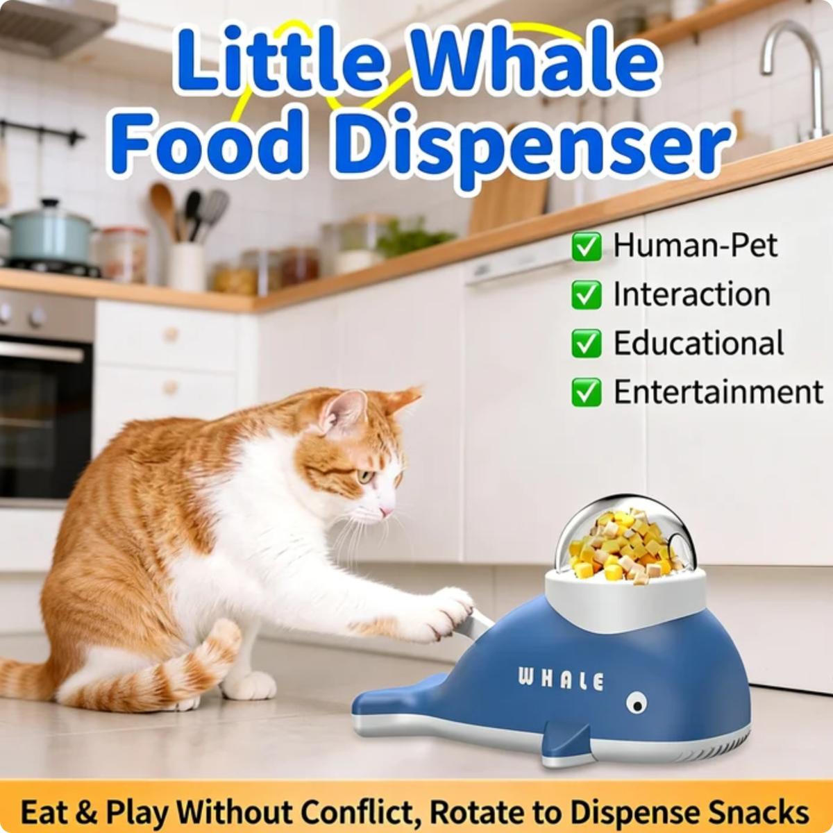 Interactive Treat Dispensing Toy For Cats And Dogs, Whale Shaped Slow Feeder Puzzle With Rotating Mechanism, Food Grade ABS Pet IQ Training Toy With Transparent Window