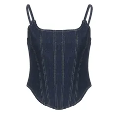 Spicy Girl Vintage Solid Denim Tank With Irregular Hem Slim Drop Top - Navy Blue - View 1