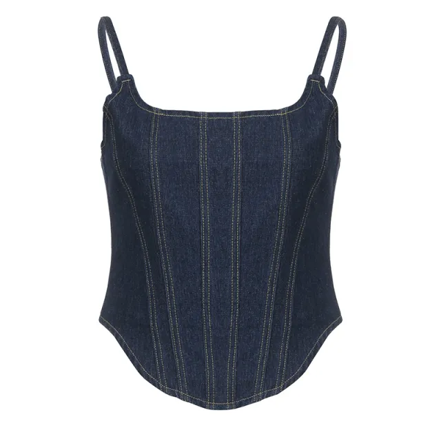 Spicy Girl Vintage Solid Denim Tank With Irregular Hem Slim Drop Top Tan - Shop at LoveMi