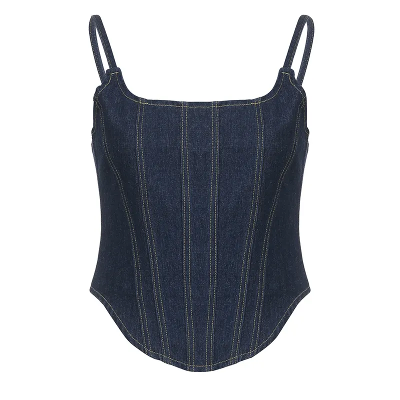 Spicy Girl Vintage Solid Denim Tank With Irregular Hem Slim Drop Top - Navy Blue