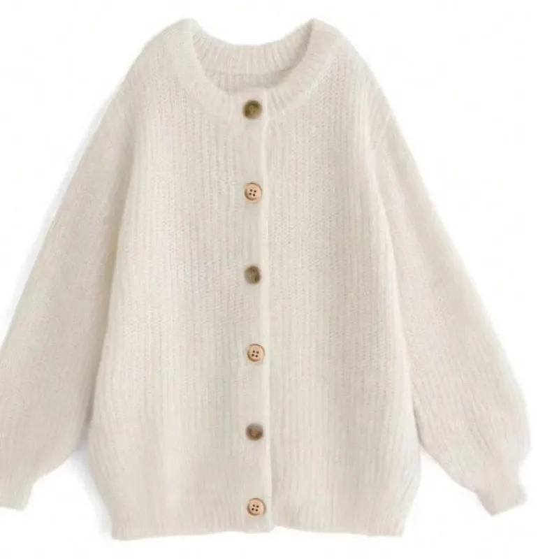Women's Knitted Cardigan Sweater, Contrast Buttons, Chunky Knit, Gold Cuffs, Loose Long Sleeves, Spring Autumn Style - Beige