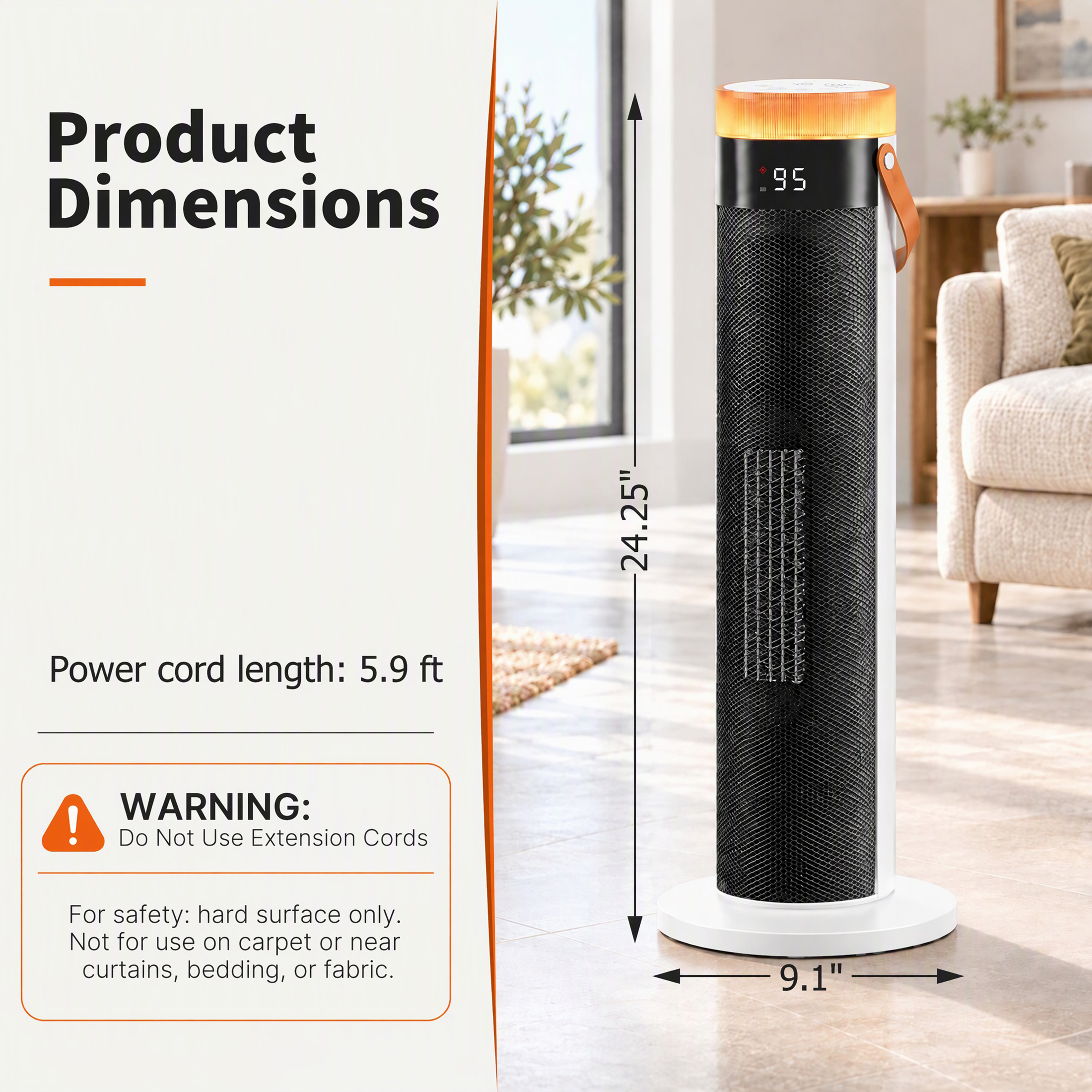 LED Ceramic Tower Heater, 1500W Dual DC Motor Space Heater With Remote, 15H Timer, Overheat & Tip-Over Protection For Bedroom Office image 3