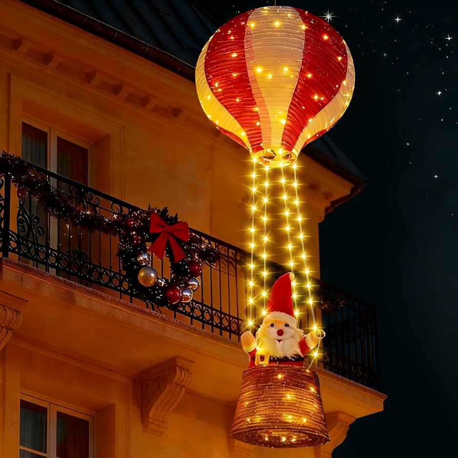 43.3IN 125LED Light Up Christmas Decor Hot Air Balloon With Santa Plush Battery Operated Timer 8 Modes Xmas Lights Funny Indoor Outdoor Lighted Hanging