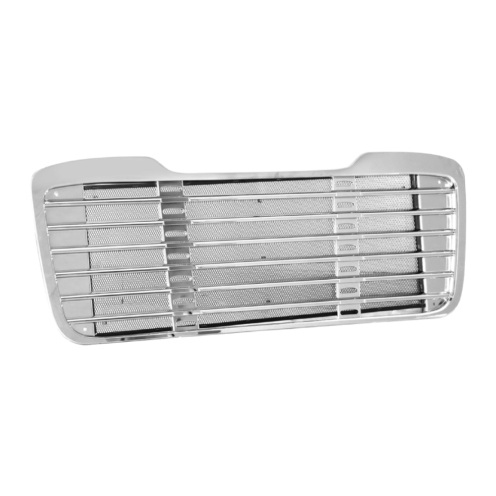 Freightliner M2 112 chrome grille bug screen installed on cab-over truck