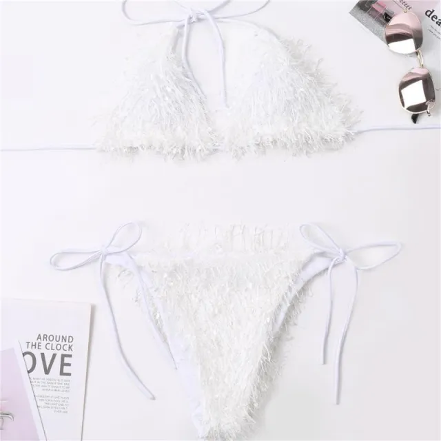 European And American Tassel Swimsuit Bikini White - Shop at LoveMi