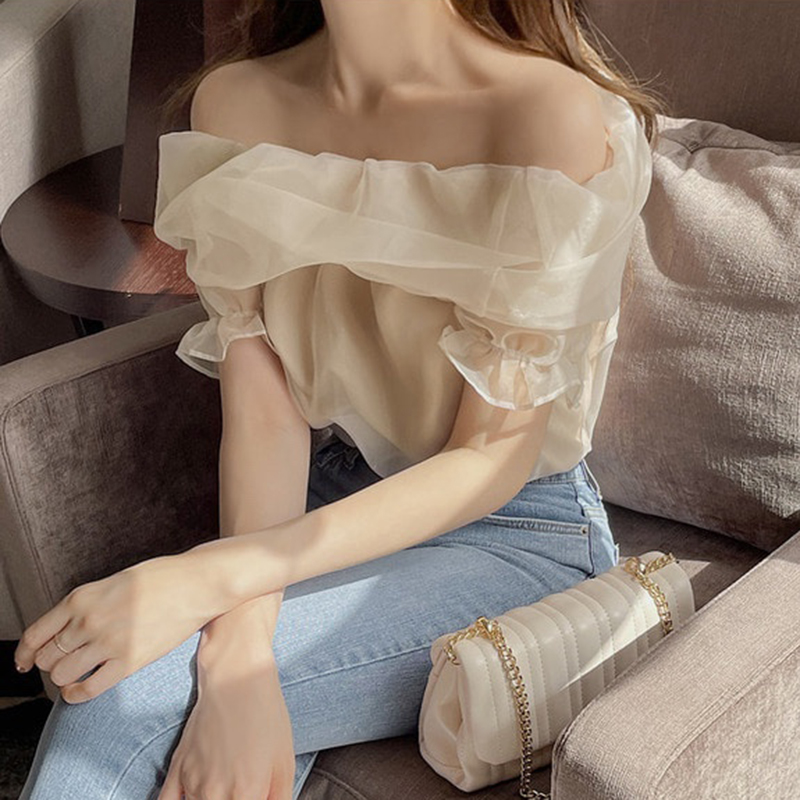 Fashion Slim-fit Solid Color Puff Sleeve Tulle Shirt