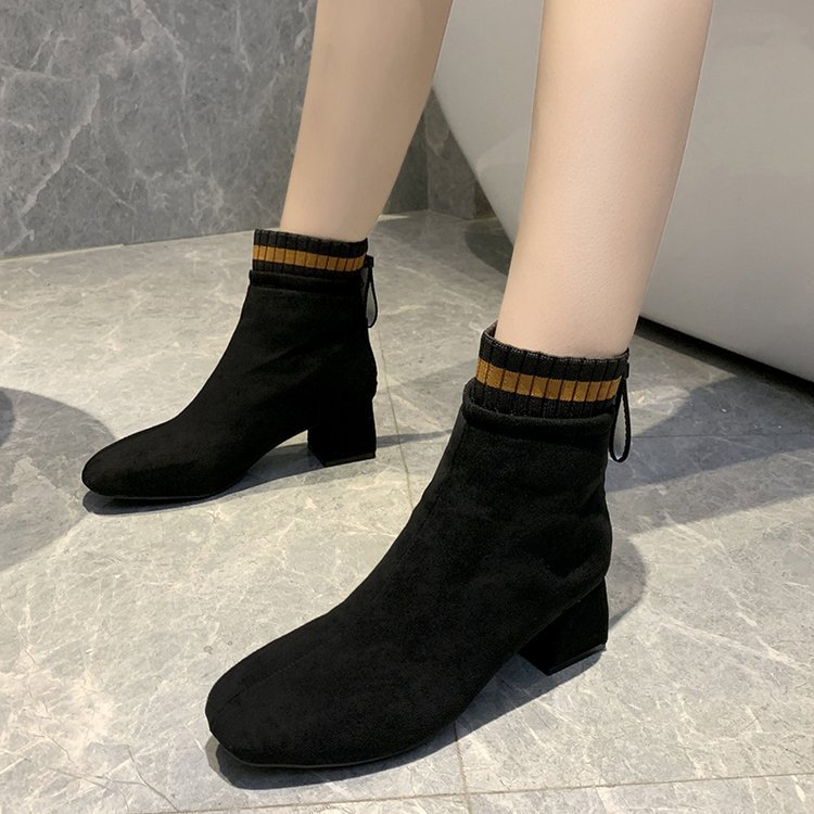 European And American Square Toe Thick Heel Short Boots Black - Shop at LoveMi