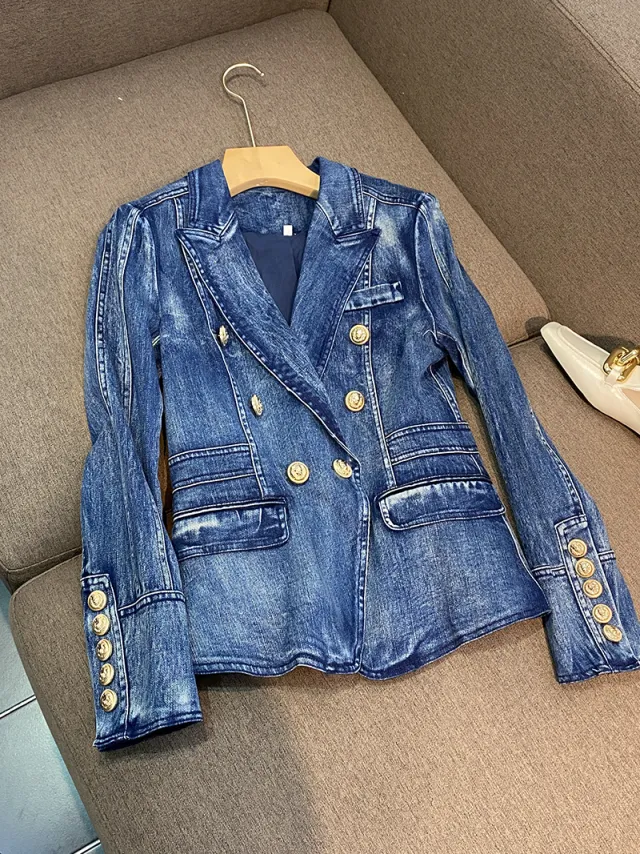 Fashion Simple Women's Double Breasted Denim Jacket Dark Blue - Shop at LoveMi
