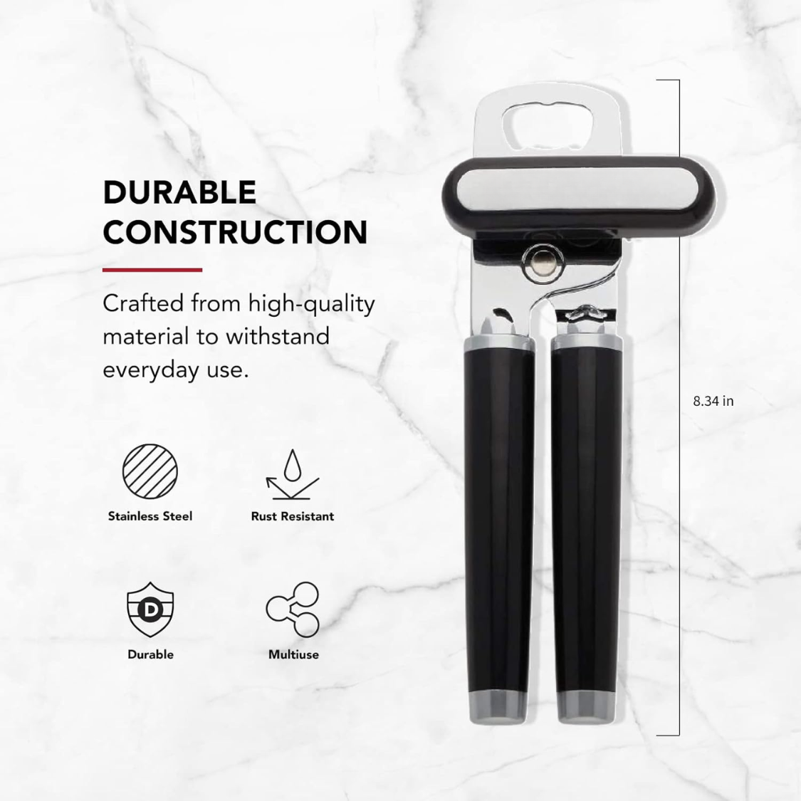 Classic Multifunction Can Opener And Bottle Opener Easy To Use, Razor Sharp Stainless Steel Cutting Wheel, Soft Ergonomic Handles, Black 3