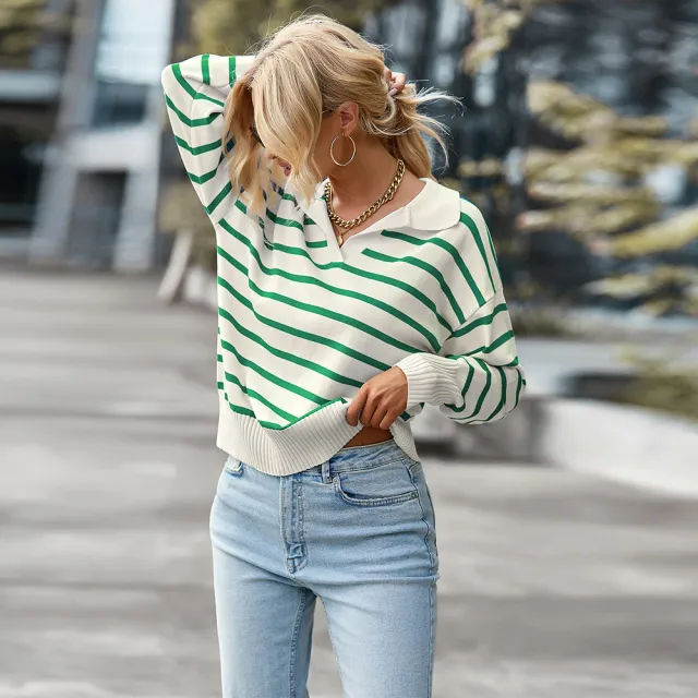 Women Striped Long Sleeve Pullover Sweater Casual Loose Polo V Neck Color Block Lightweight Knitted Fall Shirts Tops Green - Shop at LoveMi