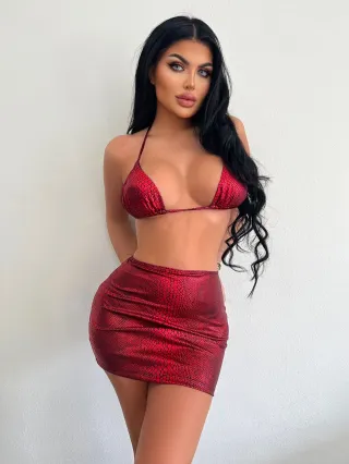 Women's Bathing Suits Halter Snake Pattern Bikini Set With Cover Up Skirt Summer Swimsuit - Red