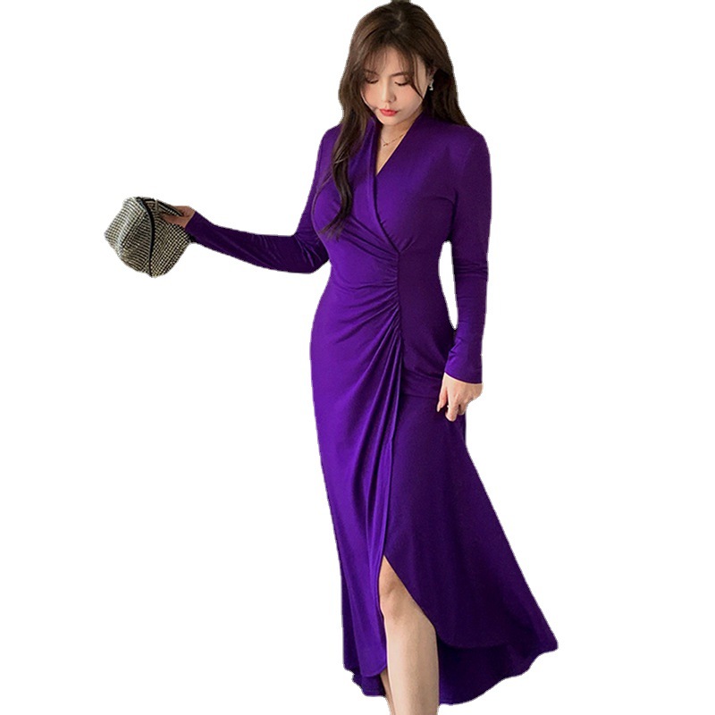 Pleated V-Neck Long Dress, picture 2 of 5