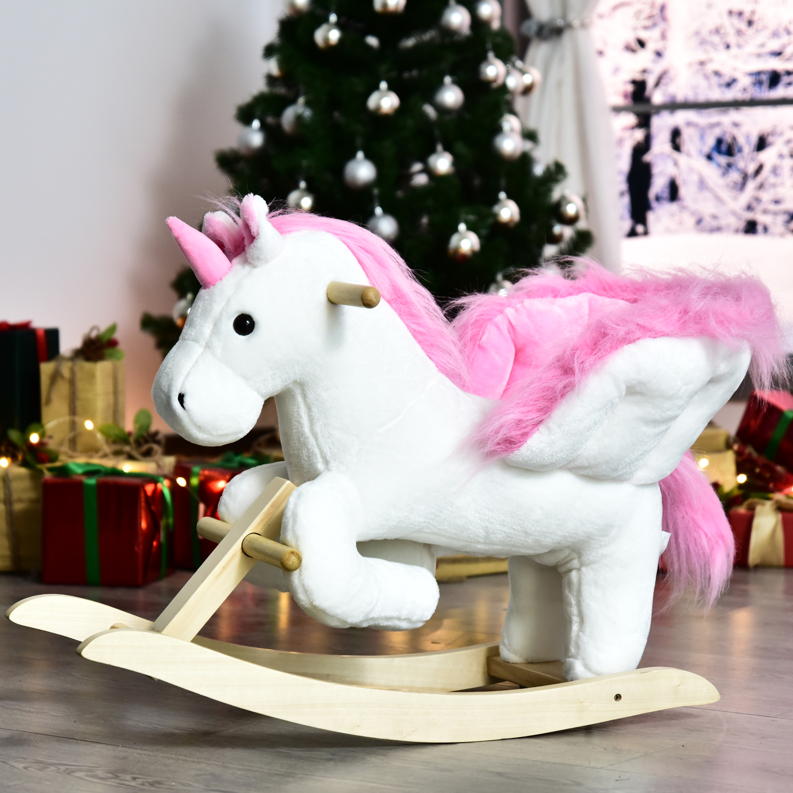 Children's Rocking Horse Unicorn Wooden Plush Riding Chair Toy With Music — image 9