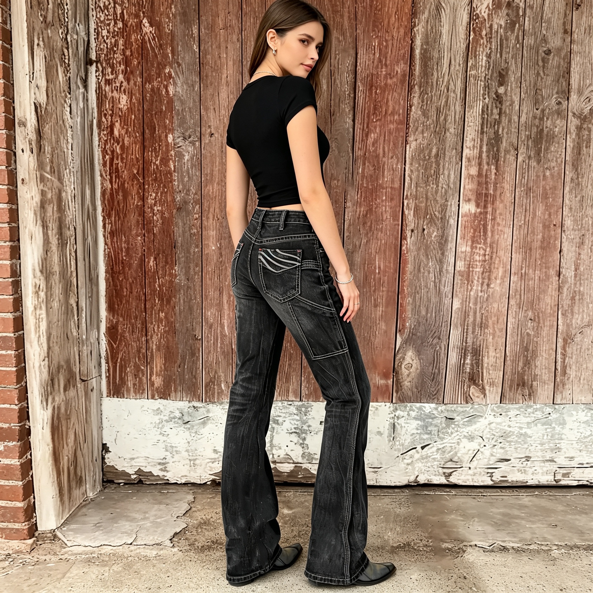 Pantalon  en jean noir évasé femme vintage délavé style rétro US Warehouse