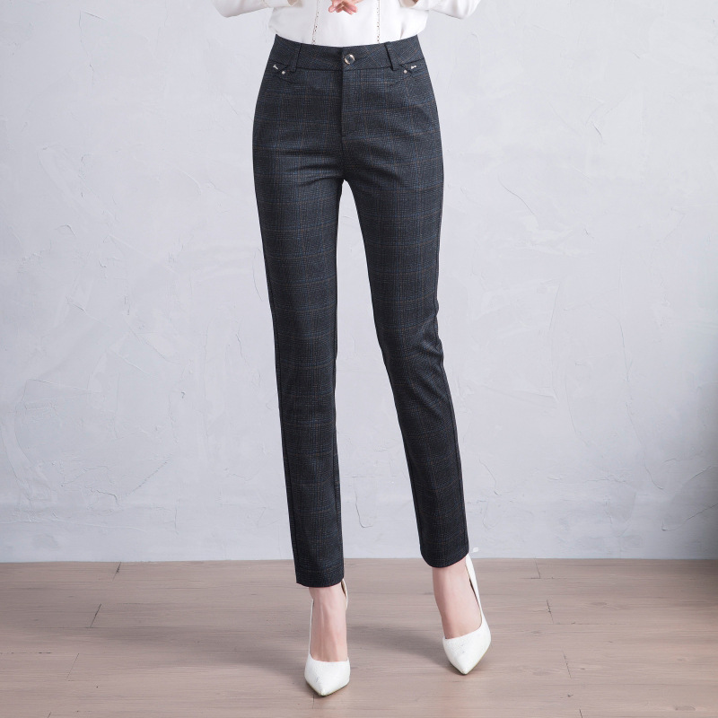 Fashionable And Simple Women's Straight leg Plaid Suit Trousers Dark Blue Grid - Shop at LoveMi