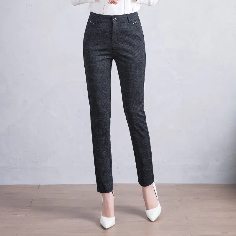 Fashionable And Simple Women's Straight-leg Plaid Suit Trousers - Dark Blue Grid