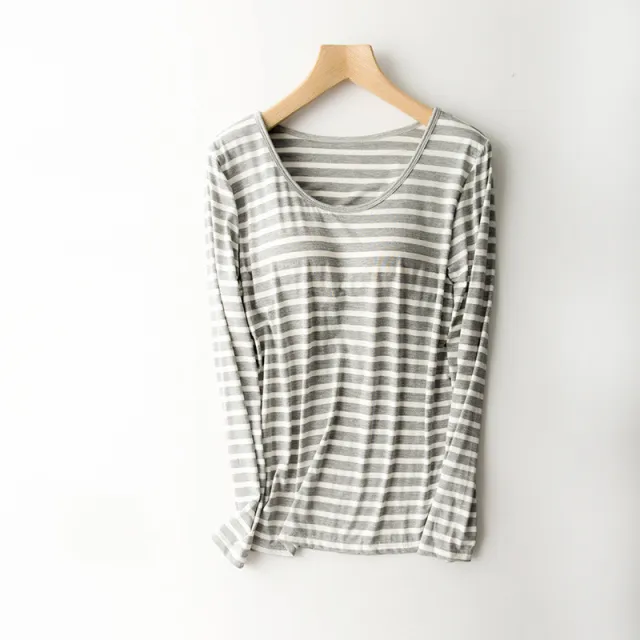 Long sleeve Bra t Cup All in one T shirt Loungewear Grey And White Stripes - Shop at LoveMi
