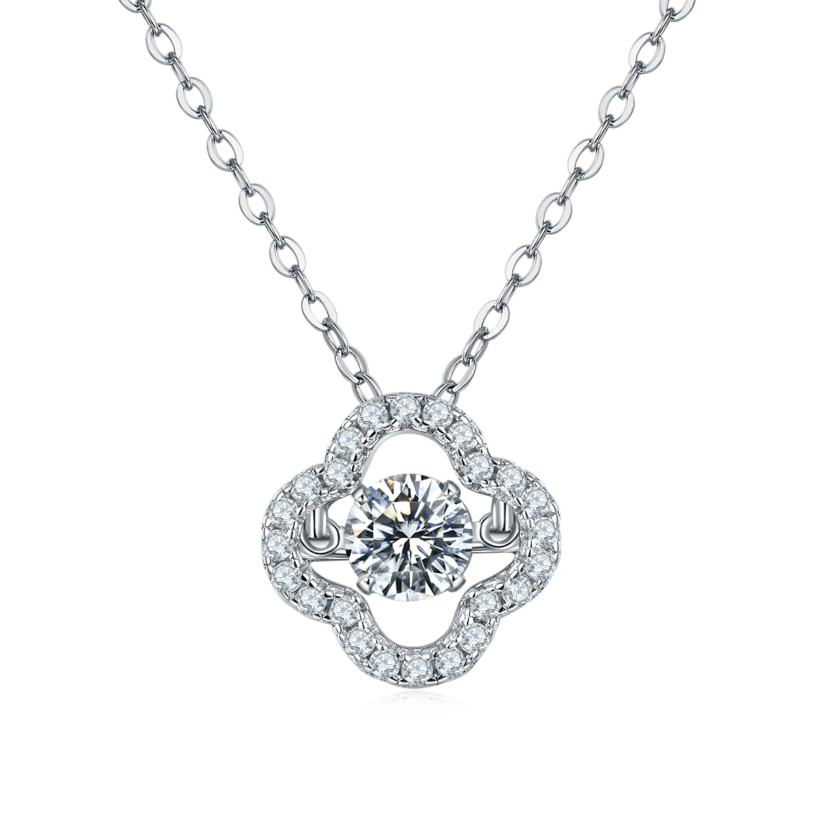 S925 Sterling Silver 0.5ct D Color VVS1 Moissanite Four-Leaf Clover Necklace 45cm Platinum Plated Pave Halo GRA Certified Gift Box