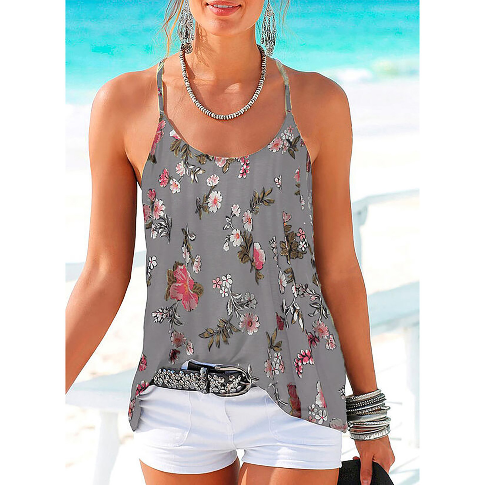 New Style Women's Back Cross Sling Women's Blouse Flower Print Vest