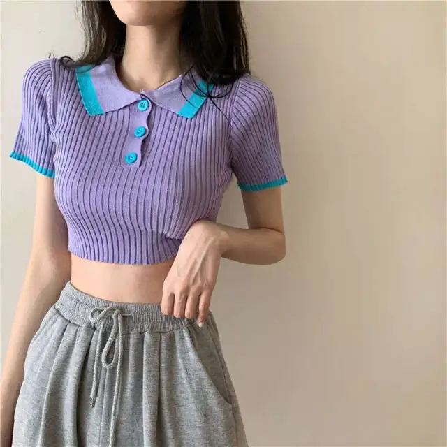 Ice Silk Knit Short High waist Crop Top Purple - Shop at LoveMi