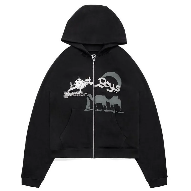 Cute Cartoon Print Loose Plush Thickened Hoodie - Black