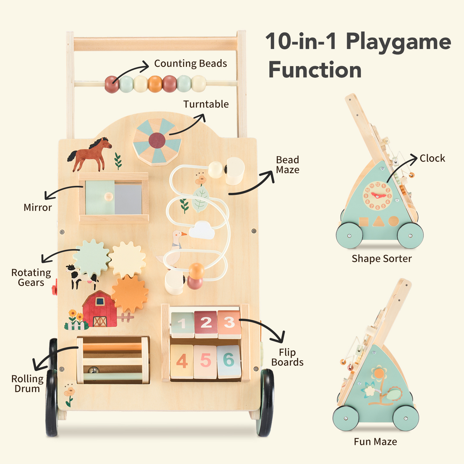 Wooden Baby Walker, Adjustable-speed Push-style Walker, Equipped With... 3