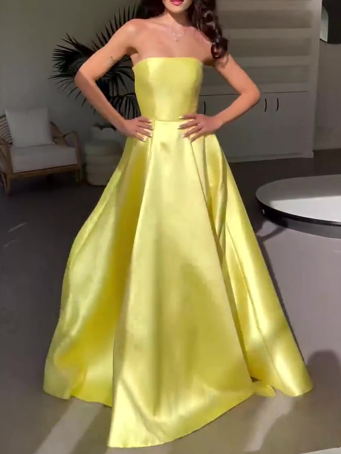 Strapless Pleated Satin Ball Gown With Side Pockets