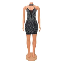 Nightclub Neck Hot Drilling Dress Short Skirt Girl - Black - View 1