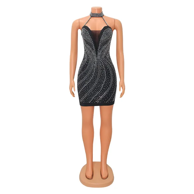 Nightclub Neck Hot Drilling Dress Short Skirt Girl Black - Shop at LoveMi