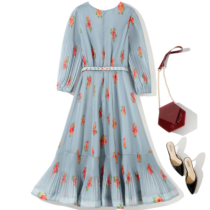 Printed Pleated Cropped Sleeves With Belt Dress