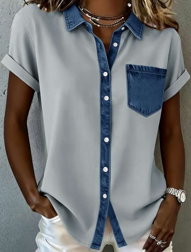 Casual Collared Button-down Color-blocked Pocket Short-sleeved Shirt For Women, Loose Fit, Suitable For Commuting.