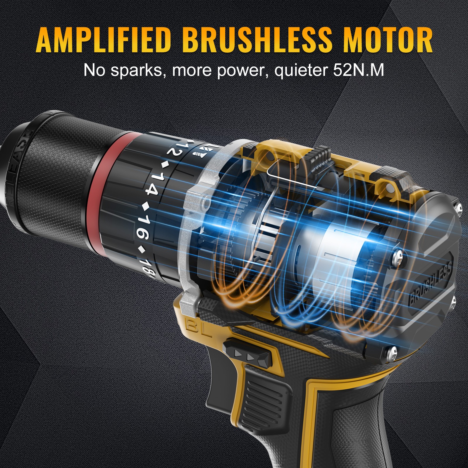 Cordless Drill Brushless Impact Driver Set 52Nm Combi Kit & 2x Batteries & Bits — image 10