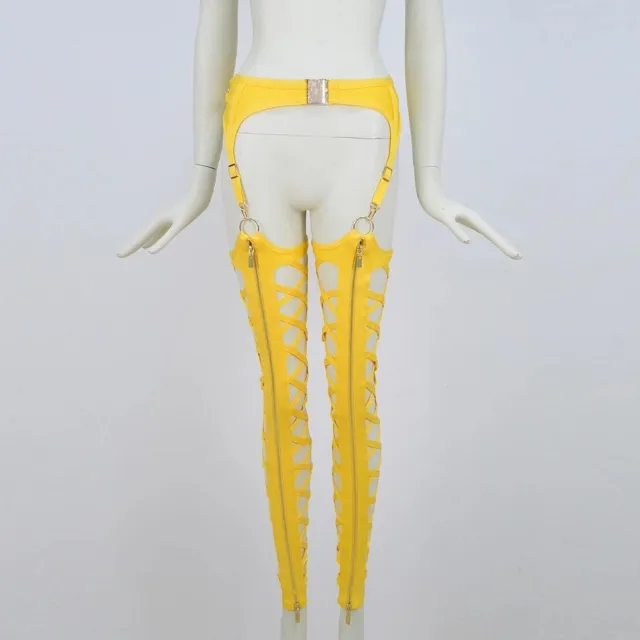 European And American Sexy Front Zipper Cutout Tight Nightclub Leggings Women's Clothing Yellow - Shop at LoveMi
