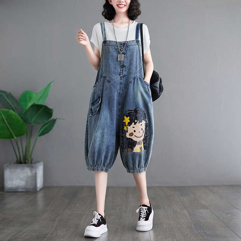 Retro Plus Size Cartoon Age Reduction Girl Print Denim Blue - Shop at LoveMi
