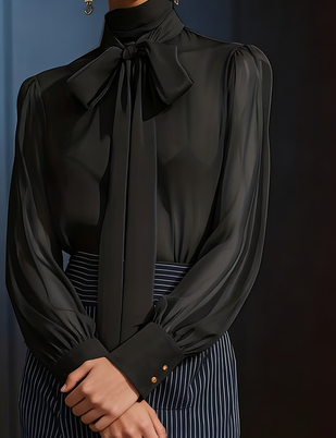 Women's High-neck Puff-sleeved Blouse With Tie