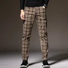 Slim Fit Cotton British Plaid Trousers - Dark Khaki - View 1