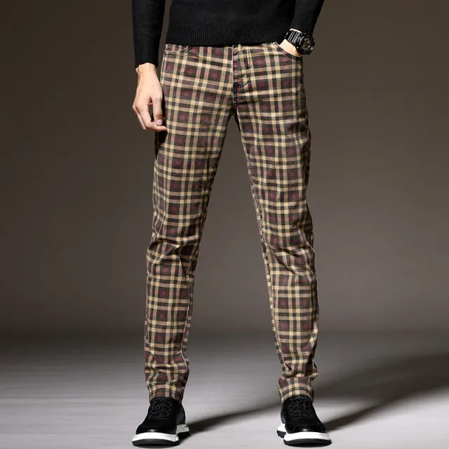 Slim Fit Cotton British Plaid Trousers Dark Khaki - Shop at LoveMi