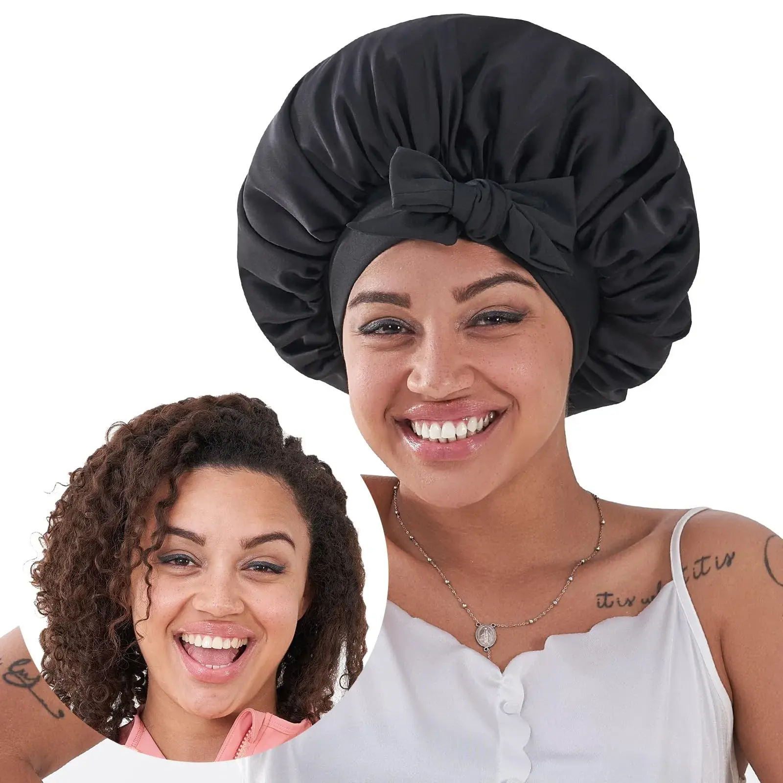 Silk Bonnet For Sleeping Women, Satin Hair Bonnet For Sleeping For Wavy Curly Natural Hair Women Men - Black