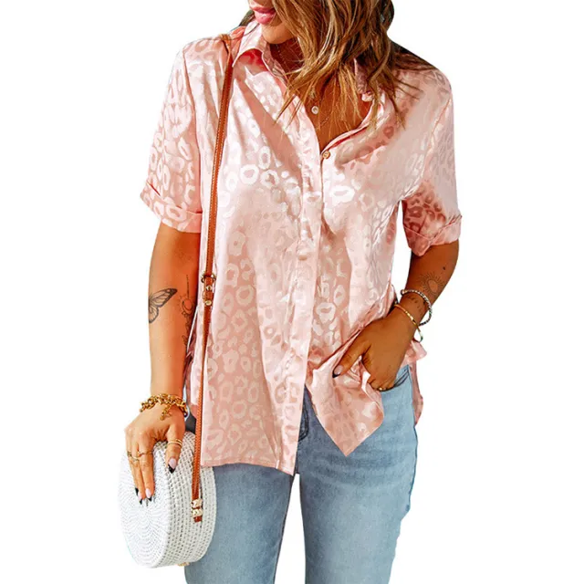 Top Cardigan Women's Lapel Single Breasted Loose Short Sleeve Shirt Pink - Shop at LoveMi