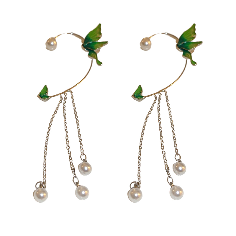 Title 5, Green Pearl Butterfly Tassel Earrings Temperament