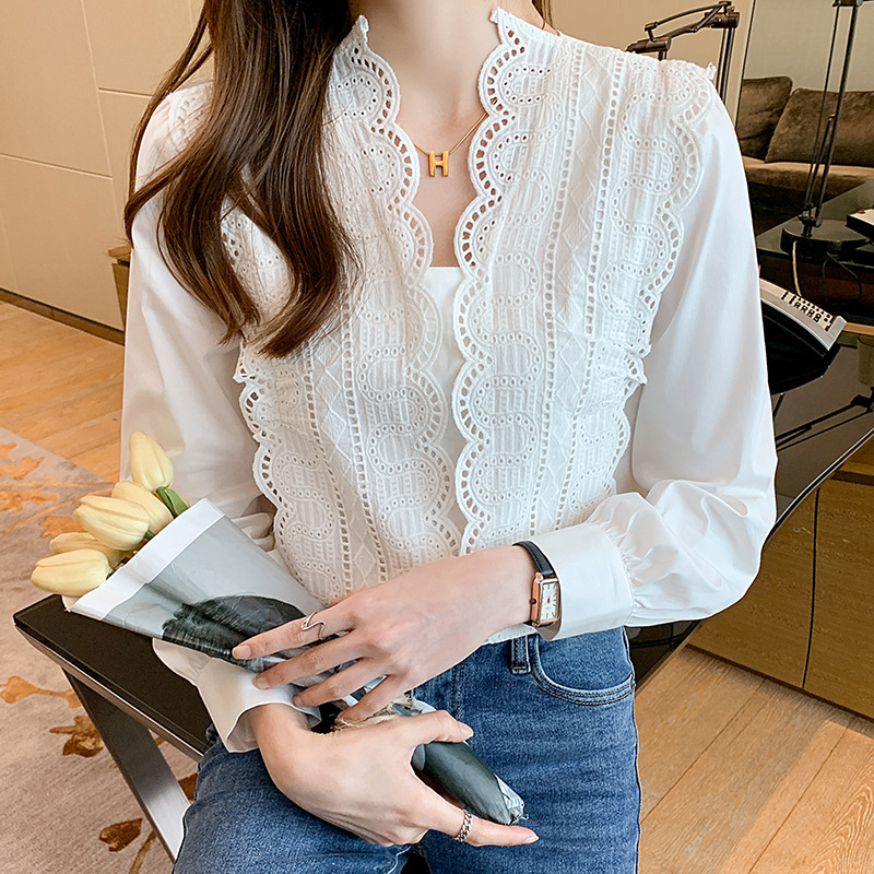 Title 7, Lace Hollow Stitching Loose Puff Sleeve Shirt