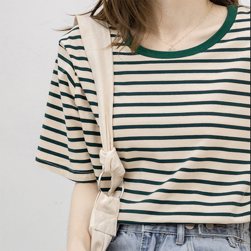 Women's Versatile Loose Fitting Pure Cotton Striped T-shirt