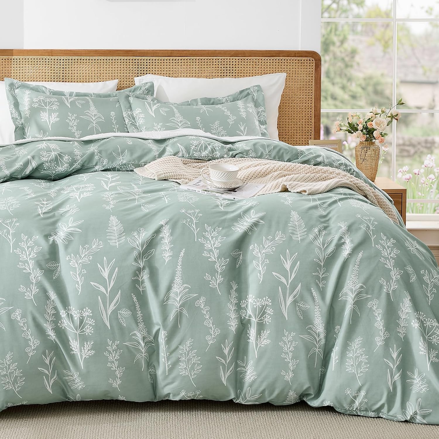 Duvet Cover Queen Size 3 PCS, Floral Green Bedding Set With Soft Decorative Cover For Bedroom Home Decor