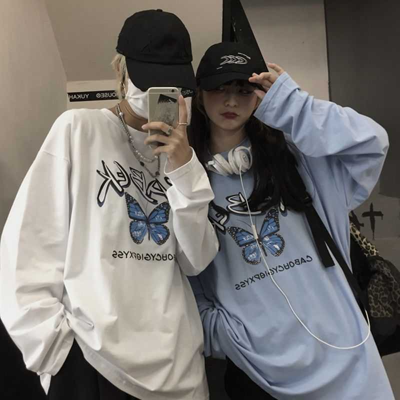 Lovers' Long Sleeve T-shirt Women's Students Korean Version Loose Ins Retro Butterfly Letter Printed Top Tide